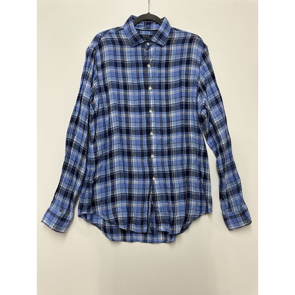 Polo Ralph Lauren Shirt Mens Large Linen Casual Button Up Blue Plaid Long Sleeve